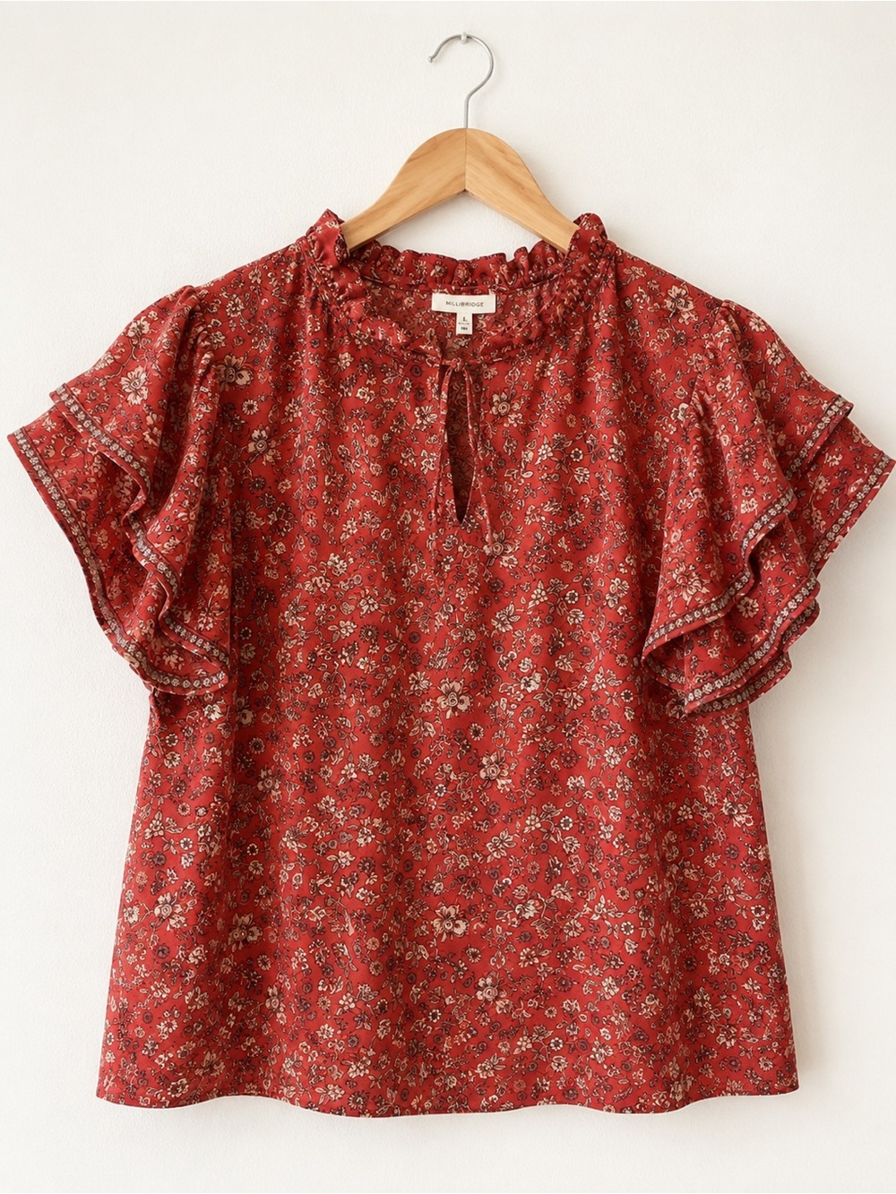 Max Studio Rust Red Floral Tie-Neck Ruffle Blouse